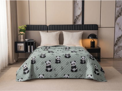 Přehoz na postel PANDA RELAX zelený s roztomilým motivem pand