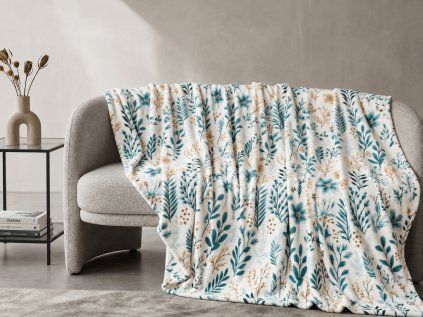 Hřejivá mikroplyšová deka BOTANELLA, modrá s elegantním botanickým vzorem
