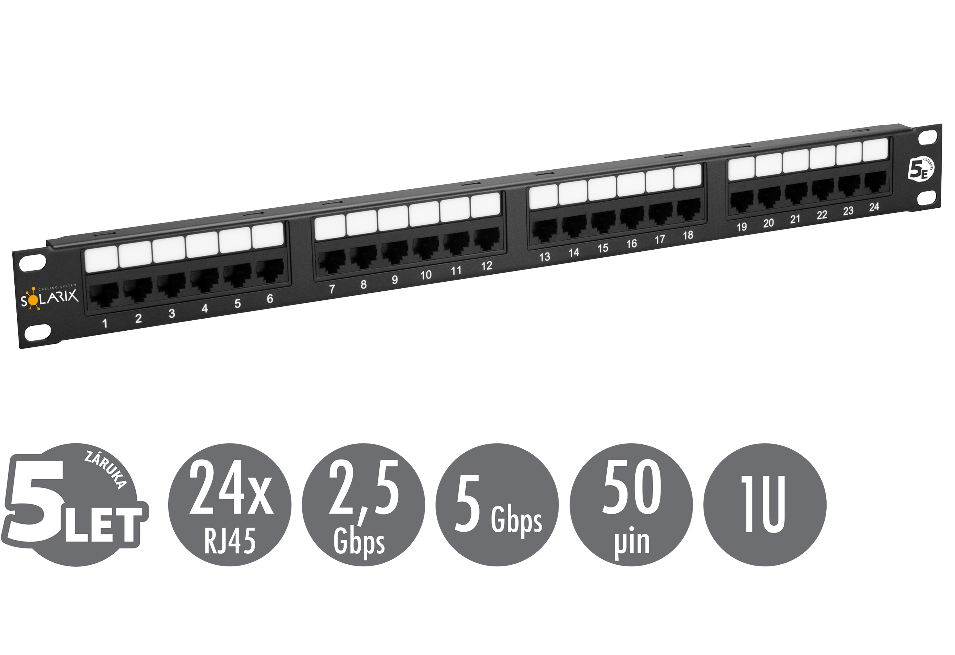 19" patch panel Solarix 24 x RJ45 CAT5E UTP 150 MHz černý 1U SX24-5E-UTP-BK