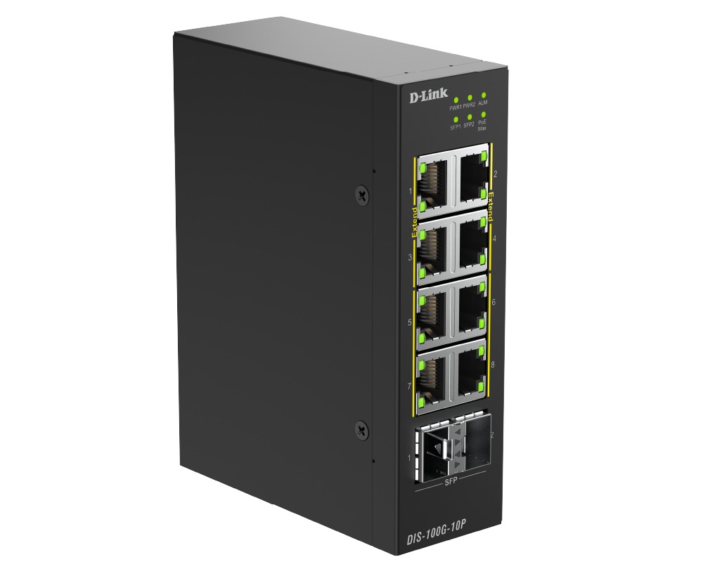 D-Link DIS-100G-10P 10-Port Gigabit Industrial PoE+ Unmanaged Switch with 2 x 2.5G SFP+ Ports