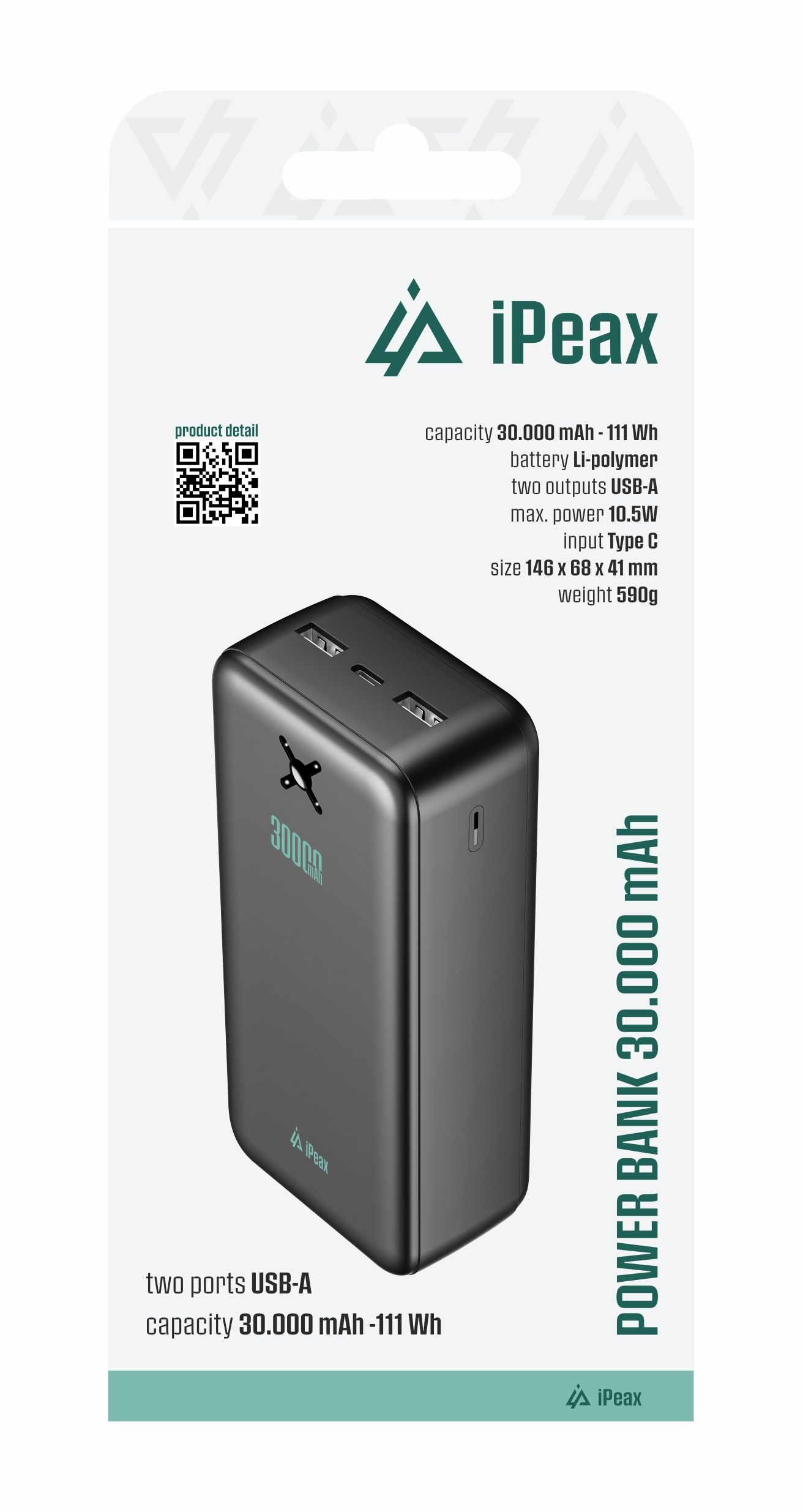 POWER BANKA 30000 mAh, 10,5W, 2x USB-A ČERNÁ