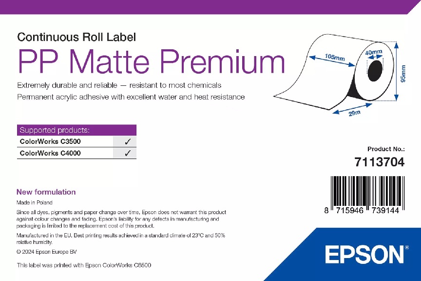 PP Matte Label Premium, Cont Roll, 105mm x 29m