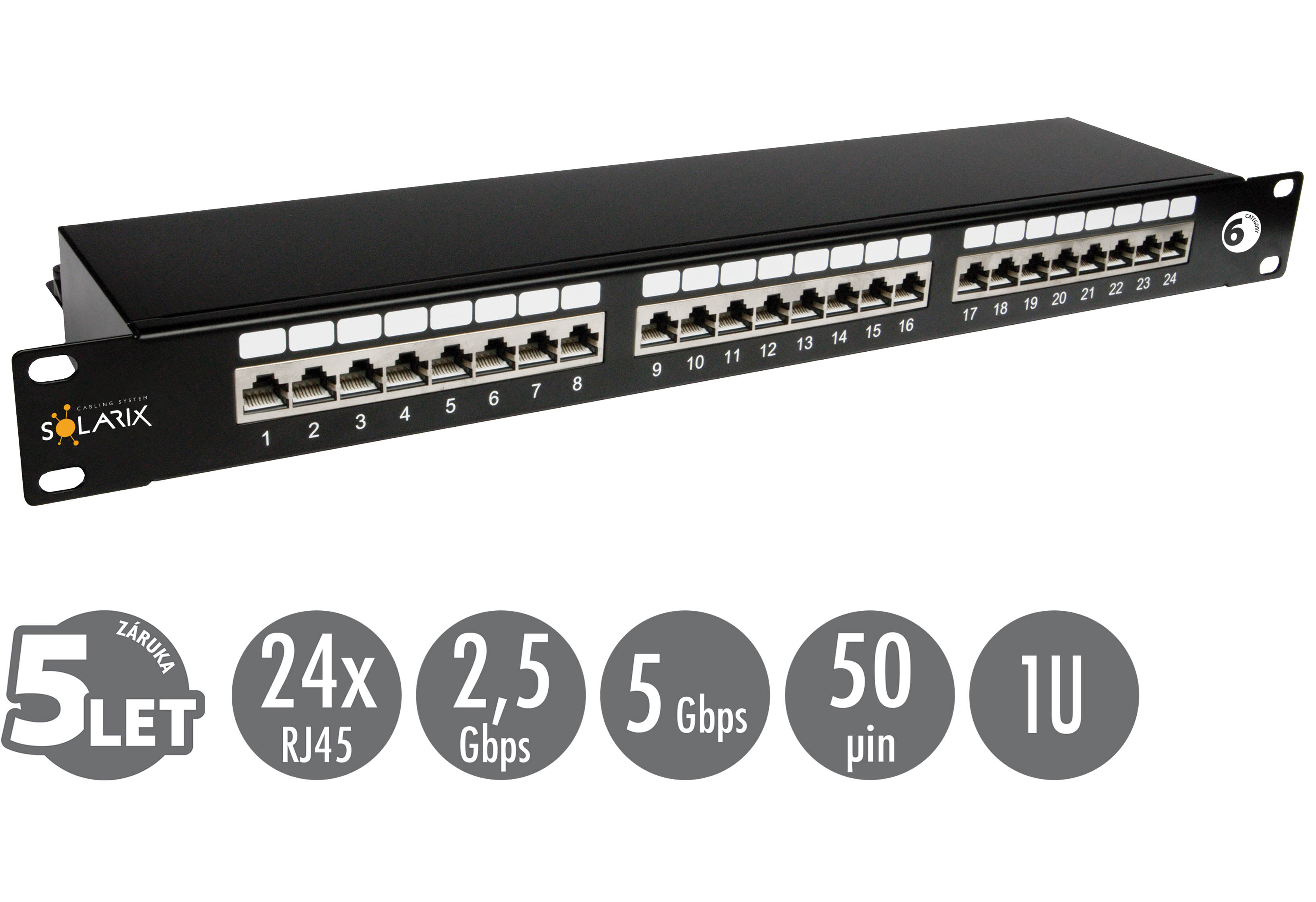 19" patch panel Solarix 24 x RJ45 CAT6 STP černý 1U SX24-6-STP-BK