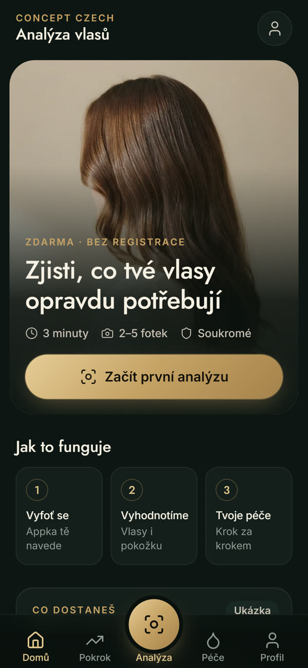 Úvodní obrazovka aplikace Analýza vlasů