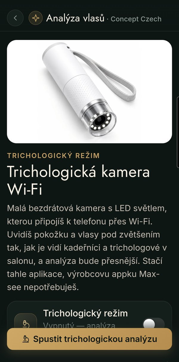 Aplikace Analýza vlasů: trichologický režim s Wi-Fi kamerou