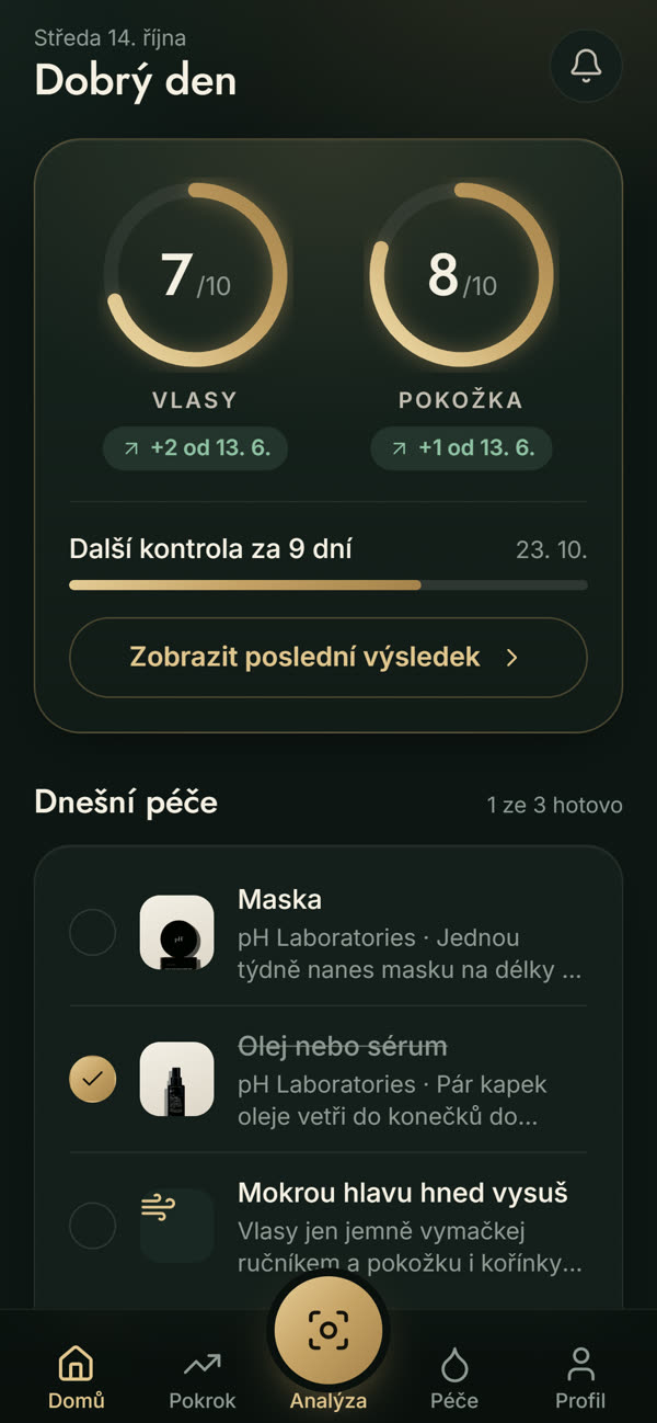 Úvodní obrazovka s výsledky a dnešní péčí