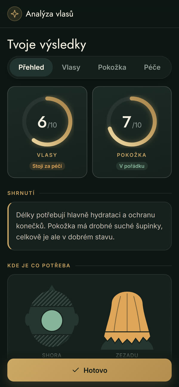 Výsledek analýzy: skóre vlasů a pokožky