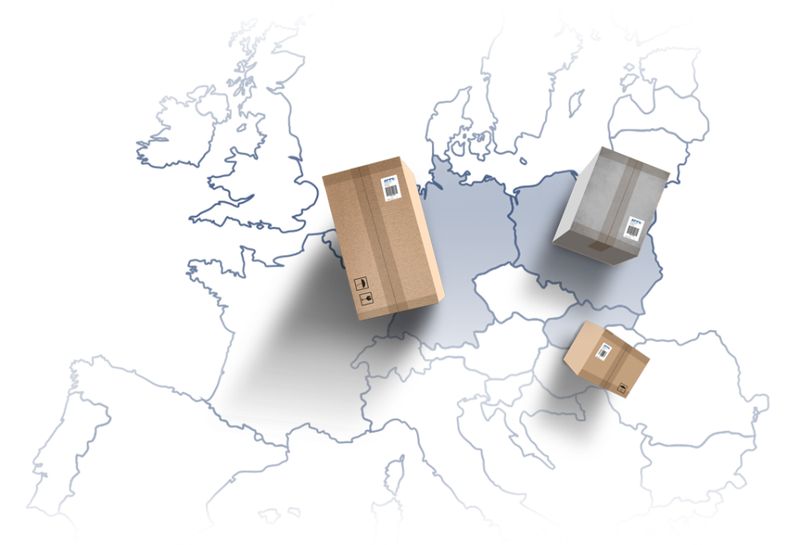 Mapa Evropy s balíky, síť doručení PPL a DHL