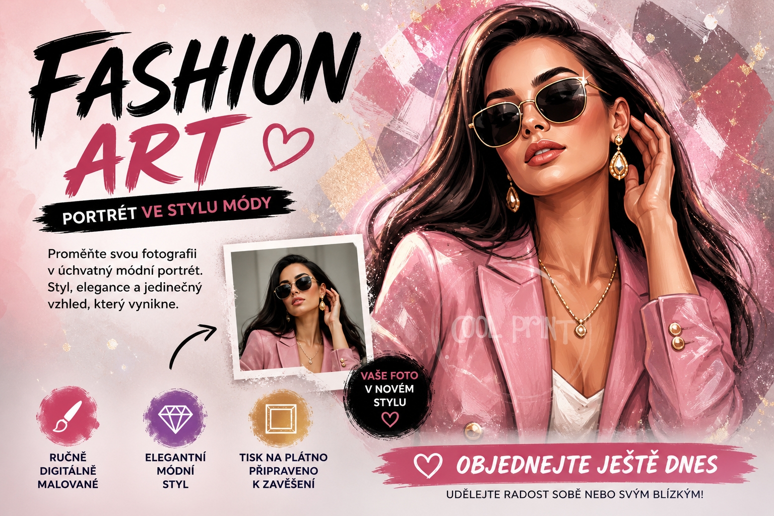 Fashion Art portrét ve stylu módy podle vaší fotografie – elegantní módní portrét na plátně – Cool Print