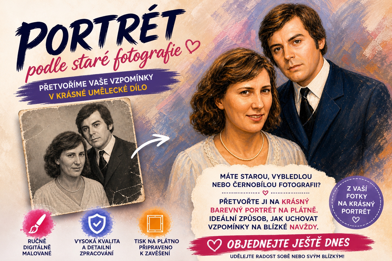 Portrét podle staré fotografie na plátně – přetvořte černobílé vzpomínky na barevné umělecké dílo – Cool Print
