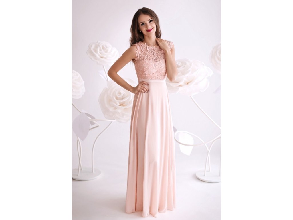 Dlouhé družičkovské růžové šaty s krajkou - Coolboutique