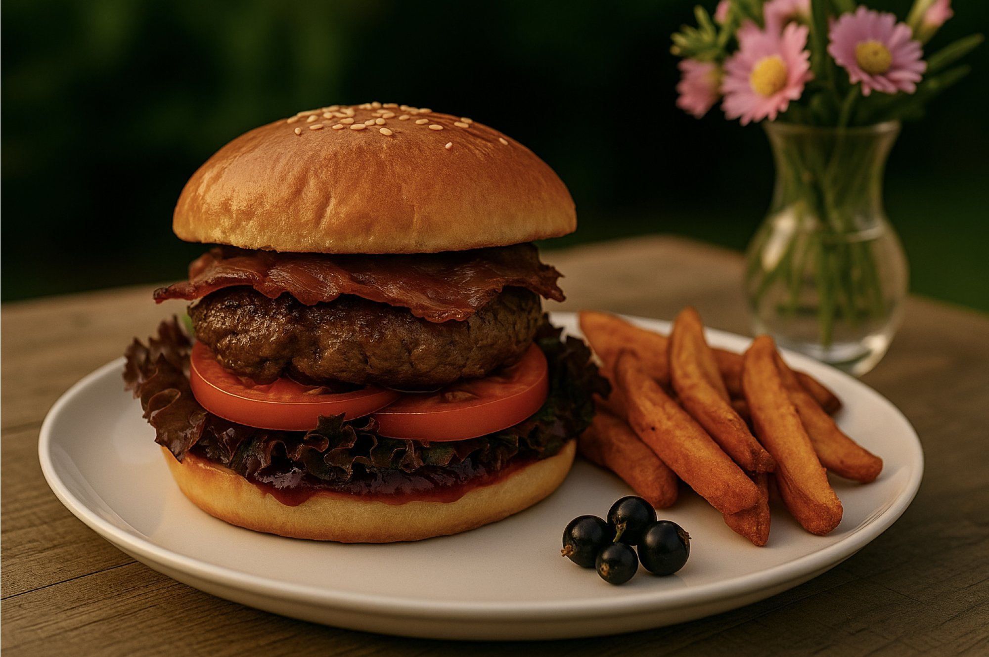 Domáci burger zo záhrady – žemľa, mäso, BBQ omáčka a pečené bataty
