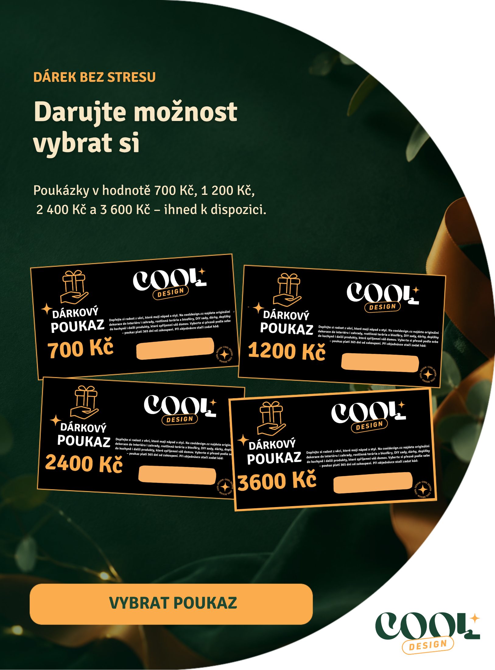 Dárkové poukazy coooldesign v hodnotě 700 Kč, 1 200 Kč, 2 400 Kč a 3 600 Kč – dárek pro milovníky zahrady, dekorací a tvoření
