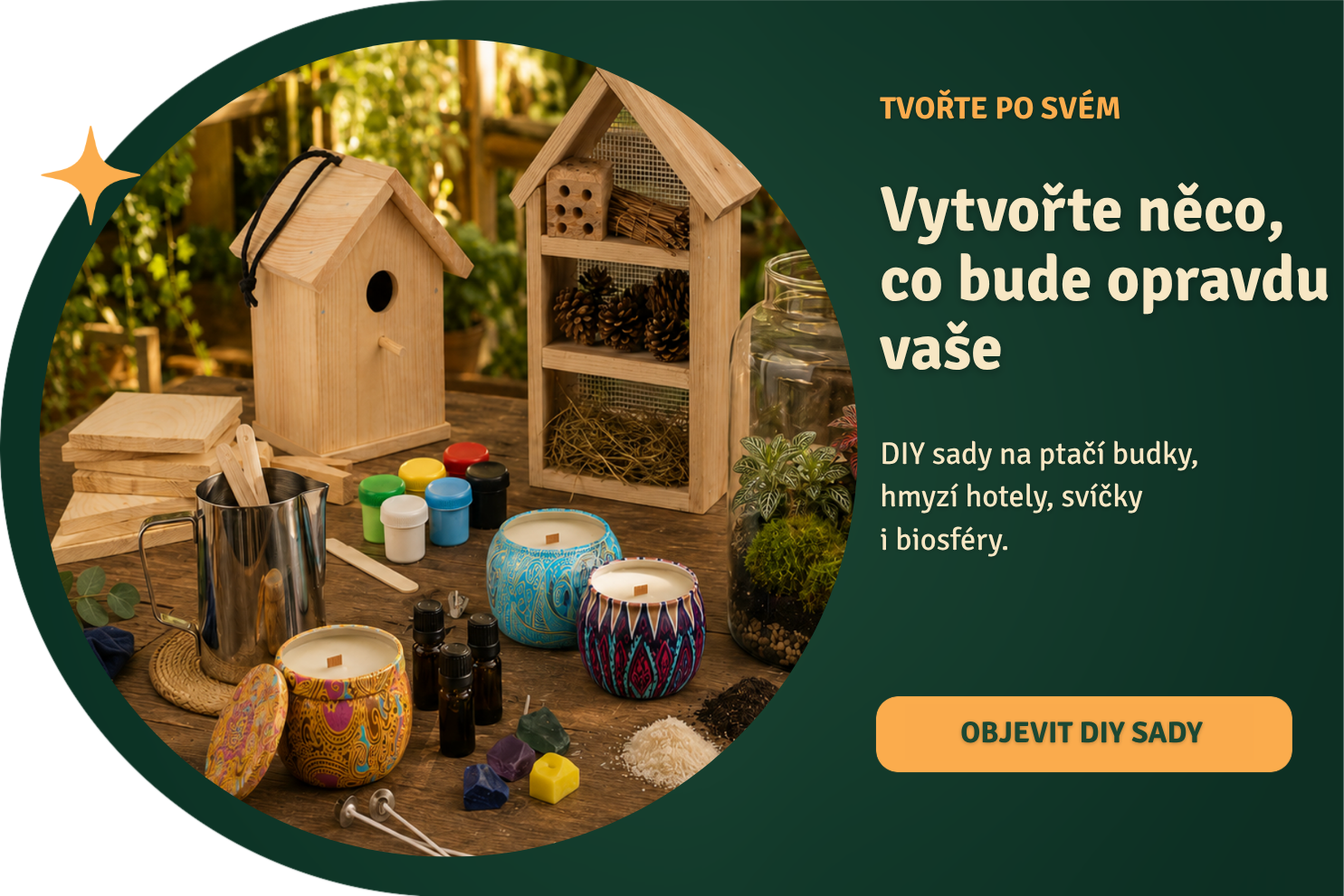 DIY sady cooldesign pro vlastní tvoření – ptačí budky, hmyzí hotely, výroba svíček a rostlinných biosfér