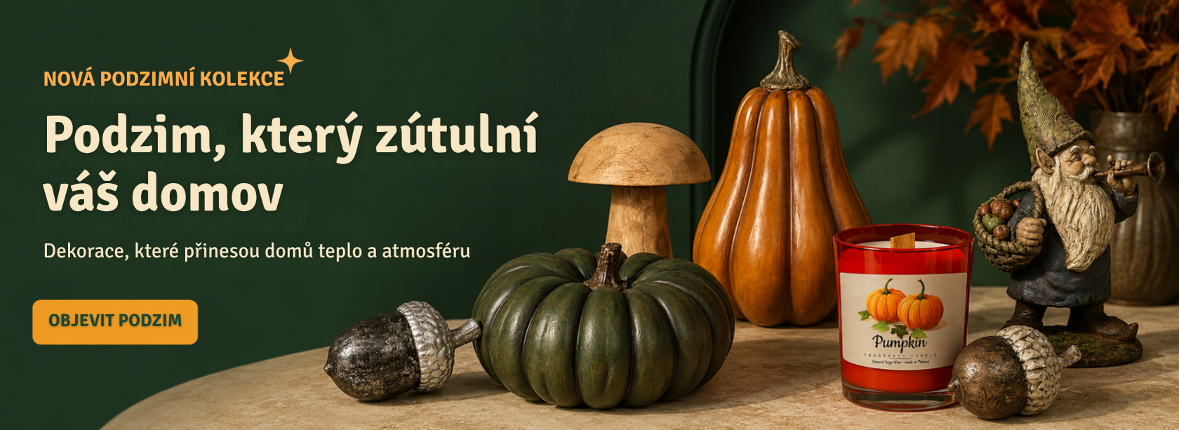 Podzimní dekorace cooldesign – dýně, svíčky a dekorace pro útulný podzimní interiér a domov