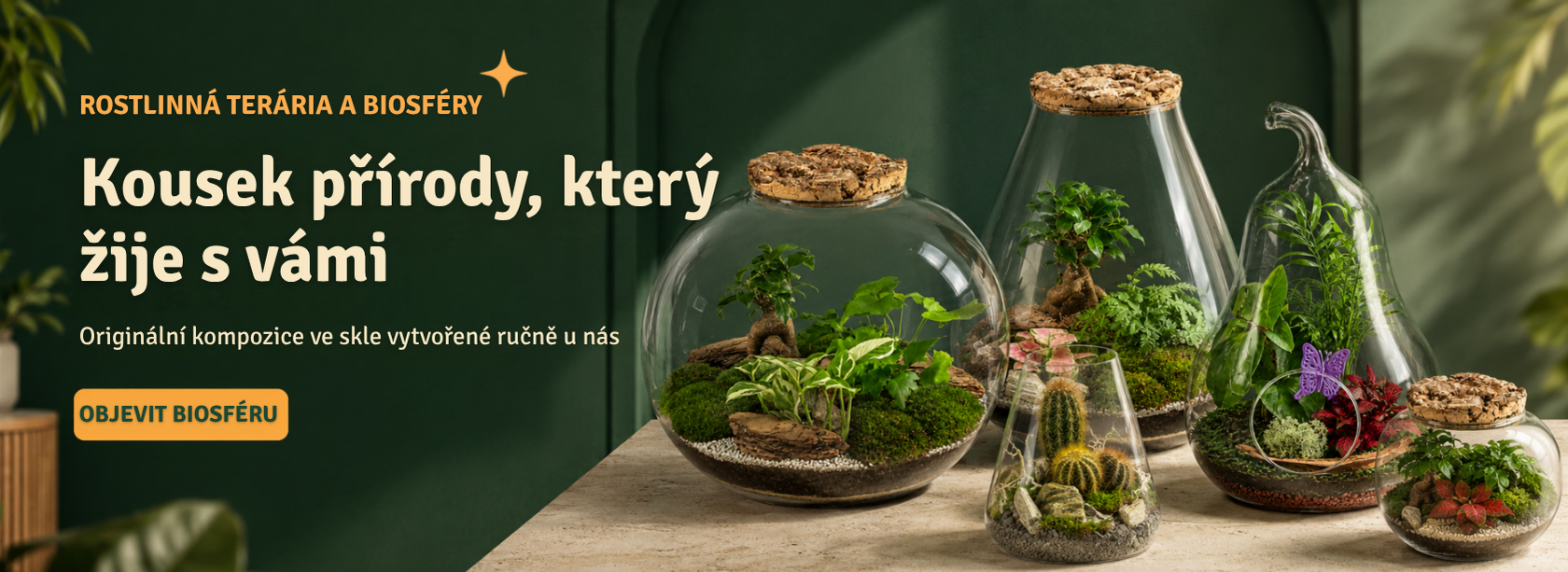 Rostlinná terária a biosféry cooldesign – ručně vytvořené živé kompozice rostlin ve skle do interiéru