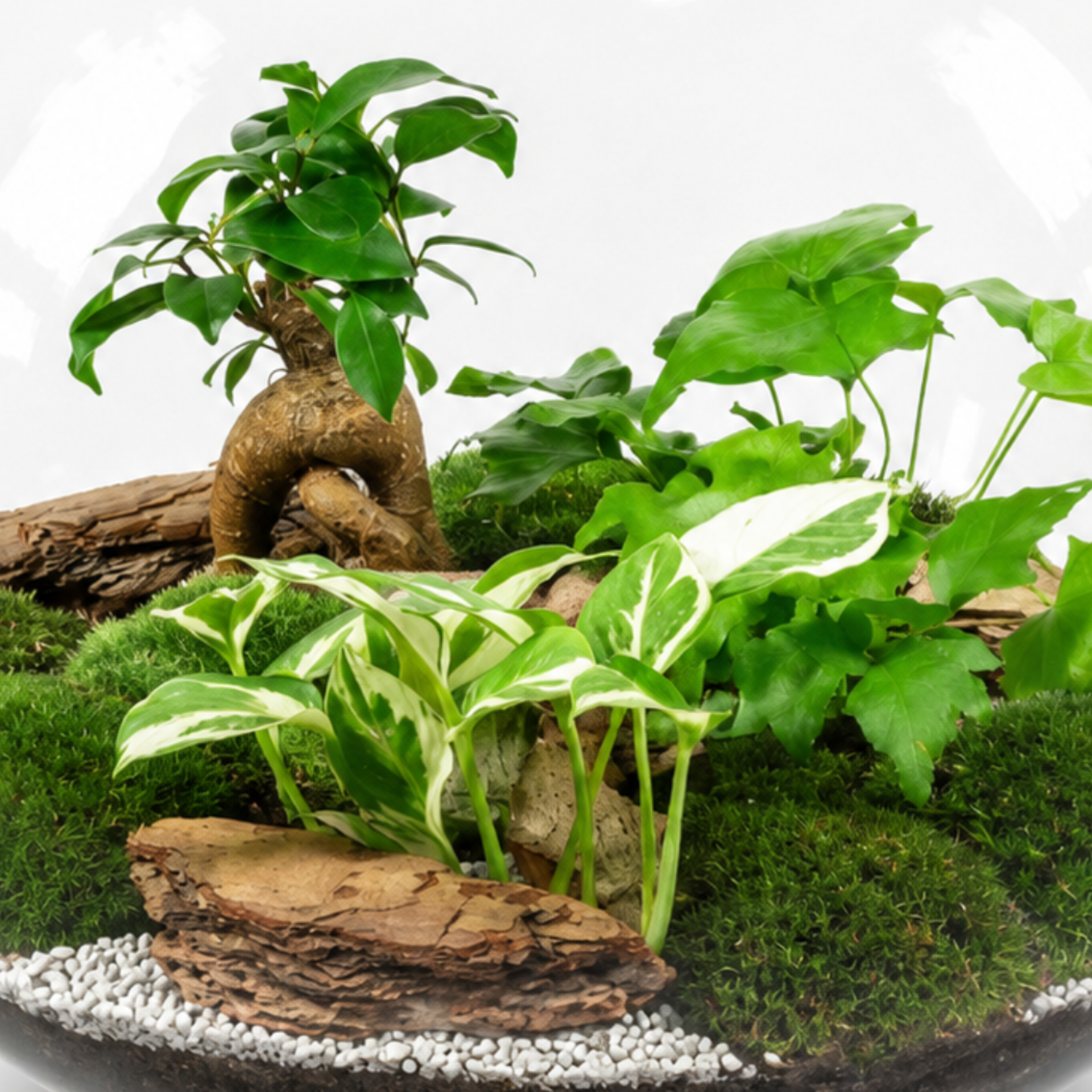 Detail XL biosféry s bonsajem Ficus Ginseng, funkií, rostlinou Hydrophylla, živým mechem a přírodní kůrou