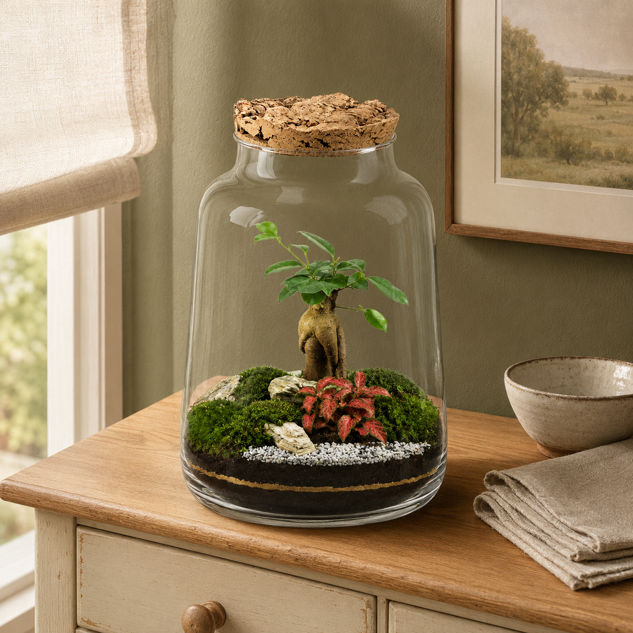 Rastlinné terárium s bonsajom Ficus Ginseng s priemerom 24 cm v interiéri