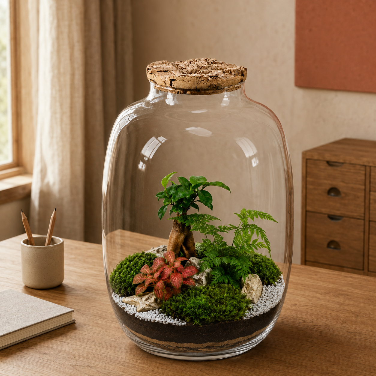 Rostlinné terárium s bonsajem Ficus Ginseng a kapradinou s průměrem 29 cm v interiéru