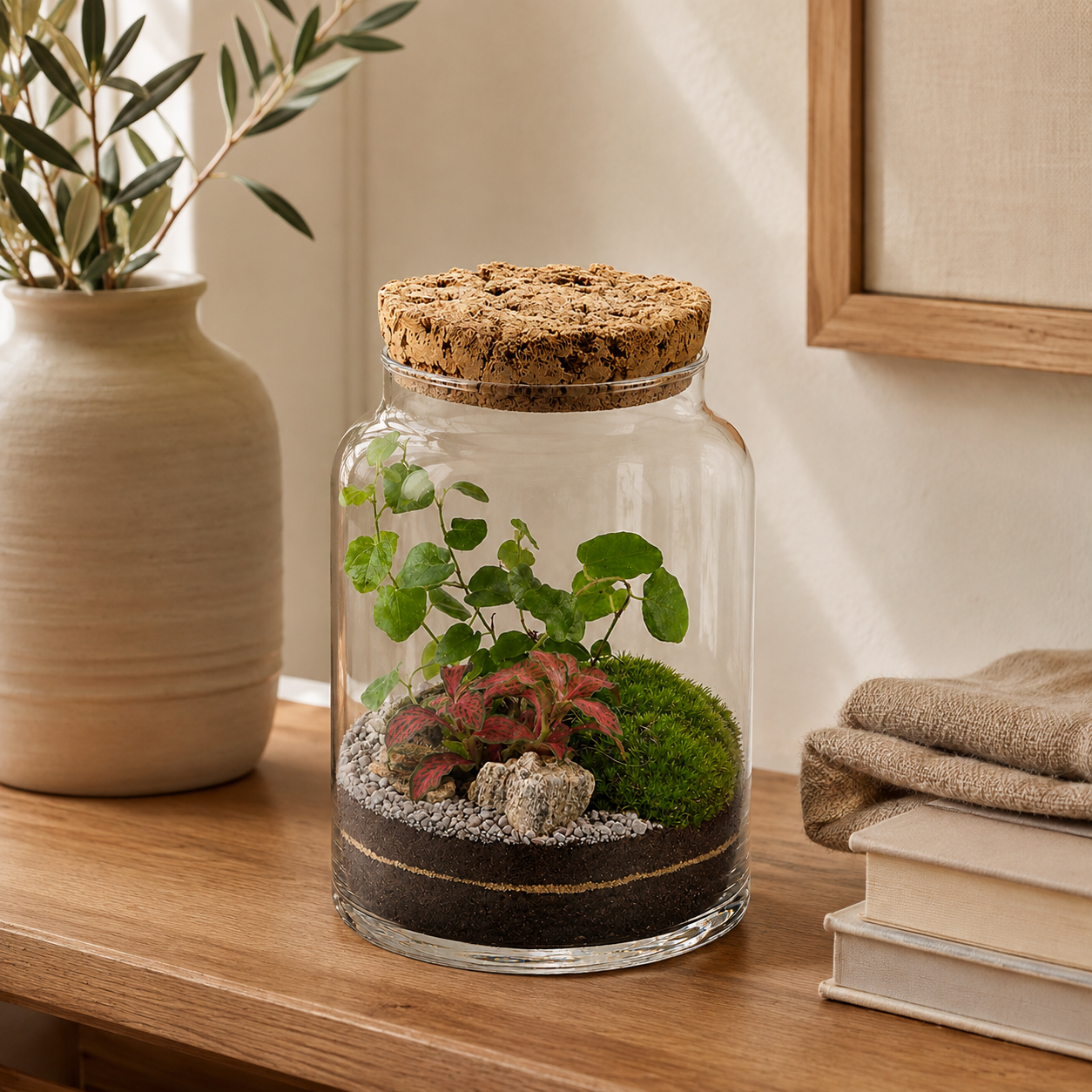 Mini rastlinné terárium s fitóniou a brečtanom s priemerom 14 cm v interiéri