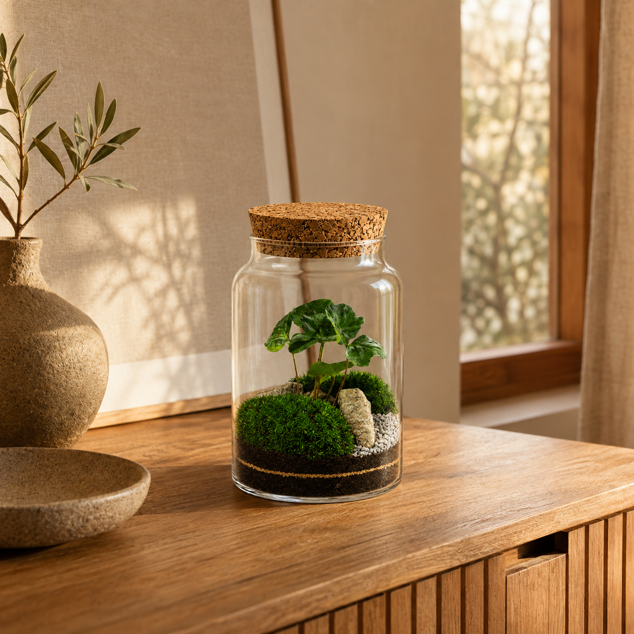 Mini rastlinné terárium s kávovníkom s priemerom 16 cm v interiéri