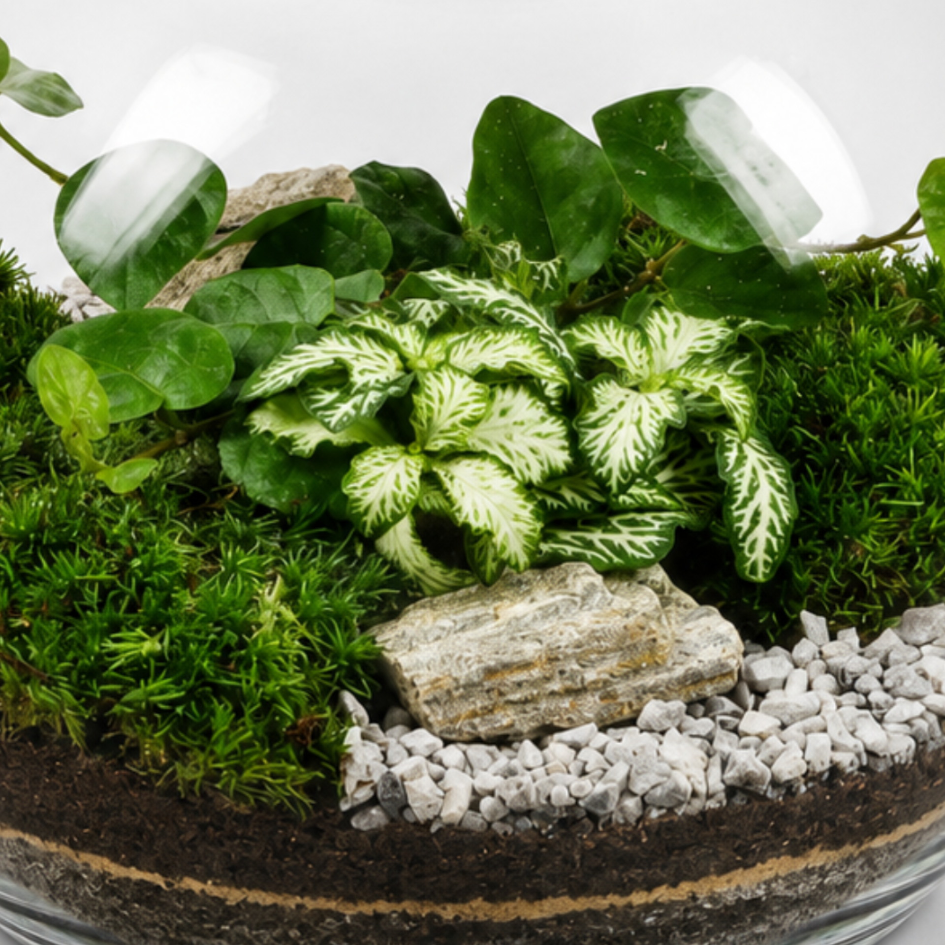 Detail mini biosféry s fitóniou, brečtanom alebo cissusom, živým machom, prírodnými dekoráciami a štrkom