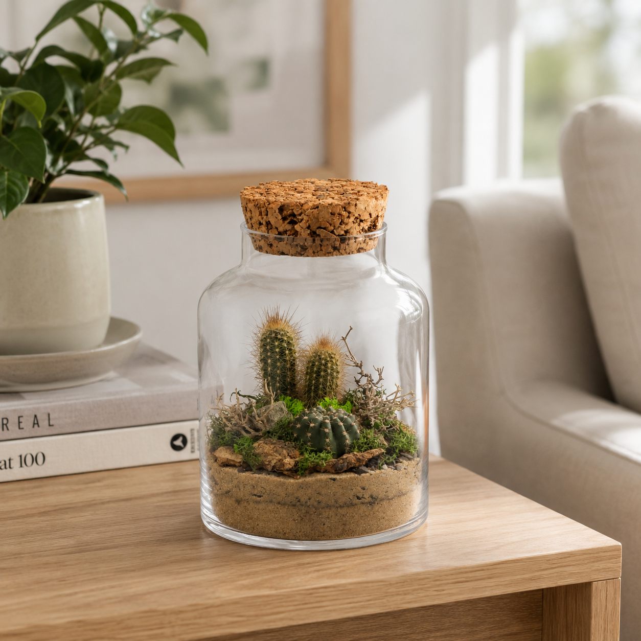 Mini sukulentové terárium Bottle s 2 až 3 rôznymi kaktusmi v prírodnom púštnom ladení Ø 16 × 24 cm