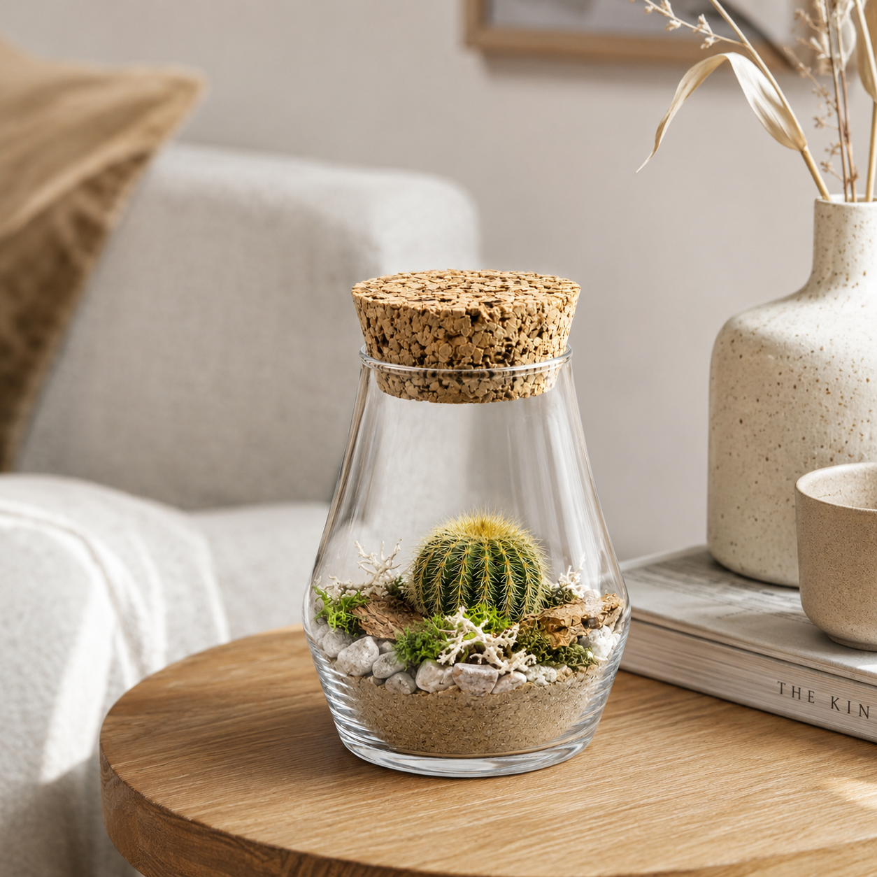 Mini sukulentové terárium Pear s jedným kaktusom v prírodnom púštnom ladení Ø 12 × 19 cm