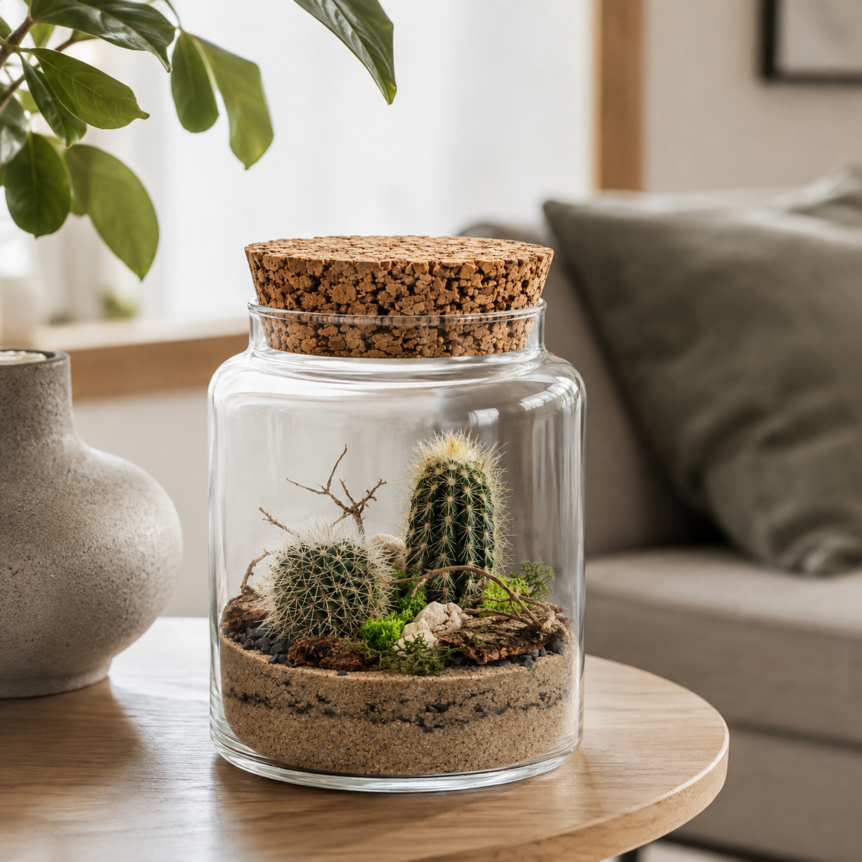 Mini sukulentové terárium Cylinder s dvoma kaktusmi v prírodnom púštnom ladení Ø 14 × 21 cm