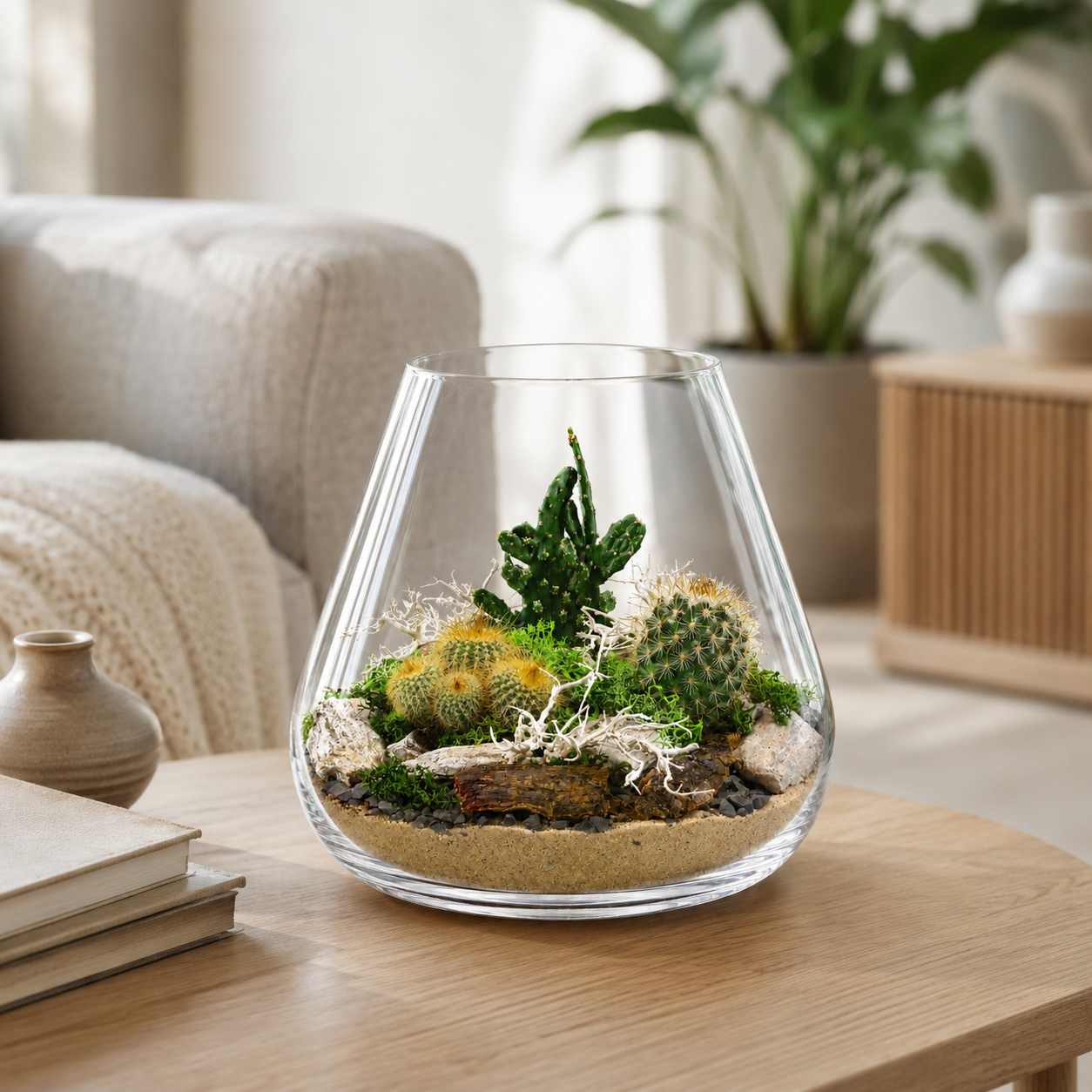 Sukulentové terárium Vase s kaktusmi v prírodnom púštnom ladení Ø 22 × 23 cm
