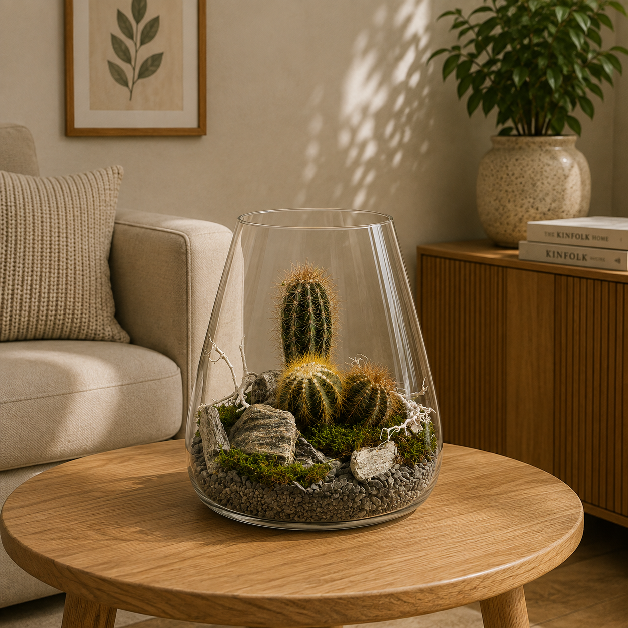 Sukulentové terárium Cone s kaktusmi v prírodnom púštnom ladení Ø 24 × 30 cm