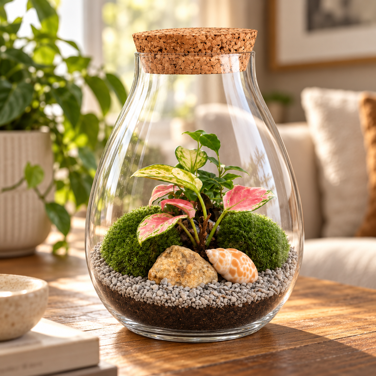 Rastlinné terárium Vase – uzavretá biosféra s ružovo-zelenou aglaonémou, brečtanom a živým machom v útulnom interiéri, Ø 19 × 27 cm