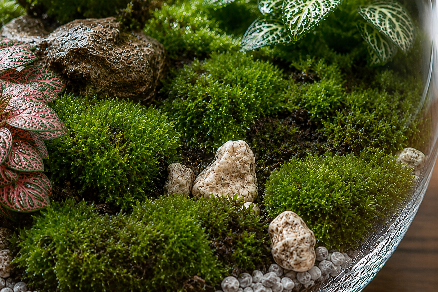 Detail živého zeleného machu v uzavretej biosfére