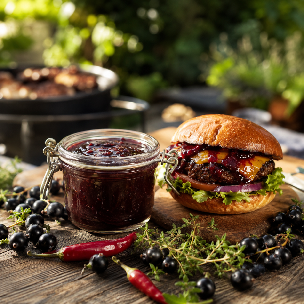 Domáca BBQ omáčka z čiernych ríbezlí pri burgeri