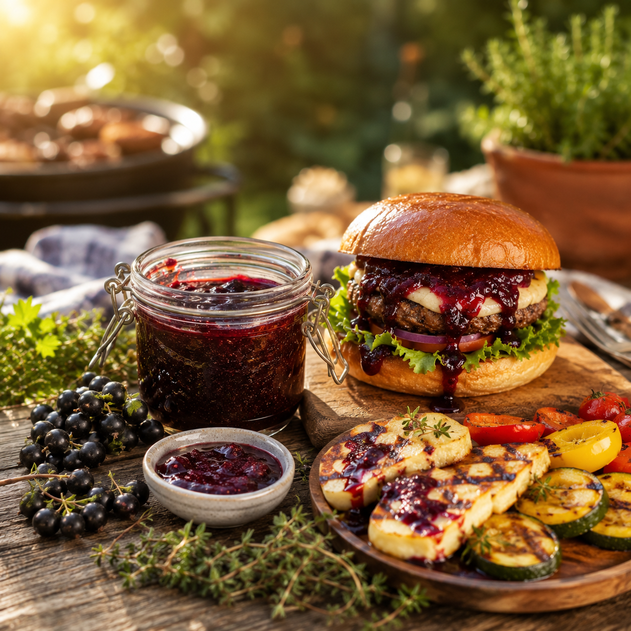 Servírovanie BBQ omáčky z čiernych ríbezlí pri burgeri a grilovanom syre