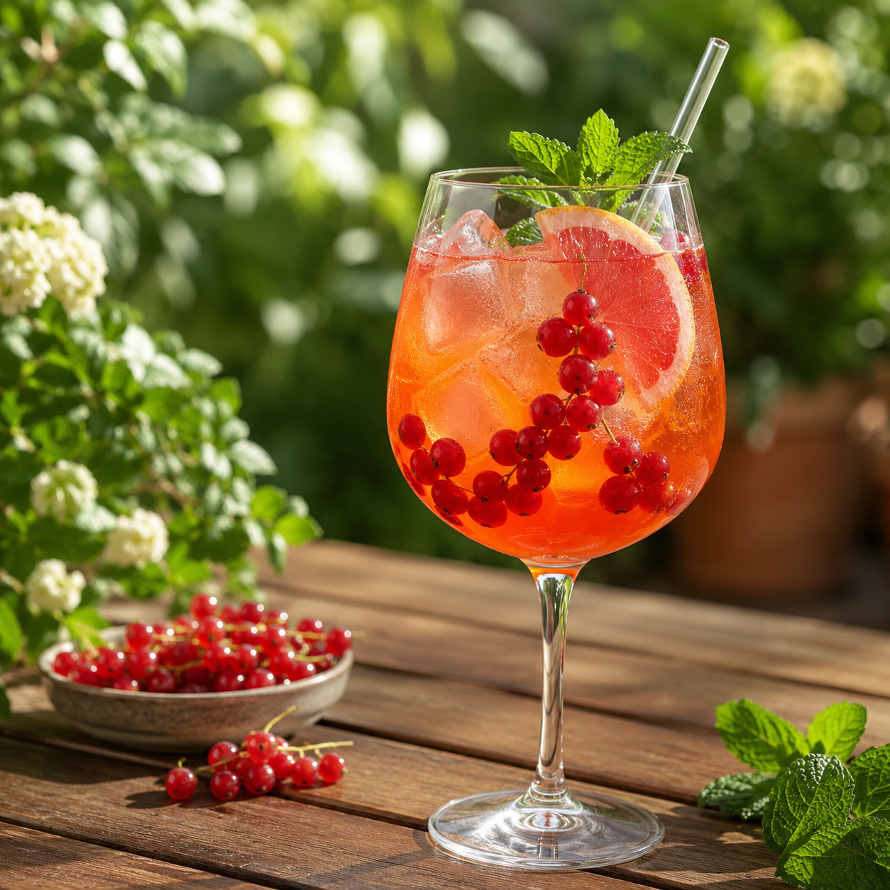 Domáci Aperol Spritz z červených ríbezlí s ľadom, ovocím a mätou
