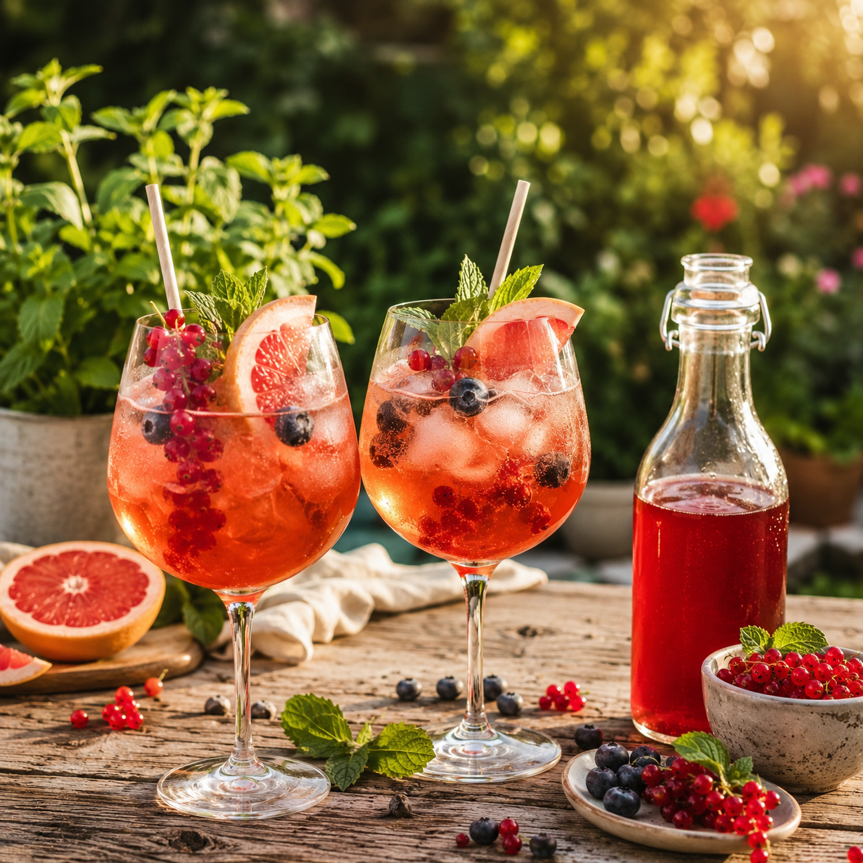 Servírovanie domáceho Aperol Spritzu z červených ríbezlí s ľadom a ovocím