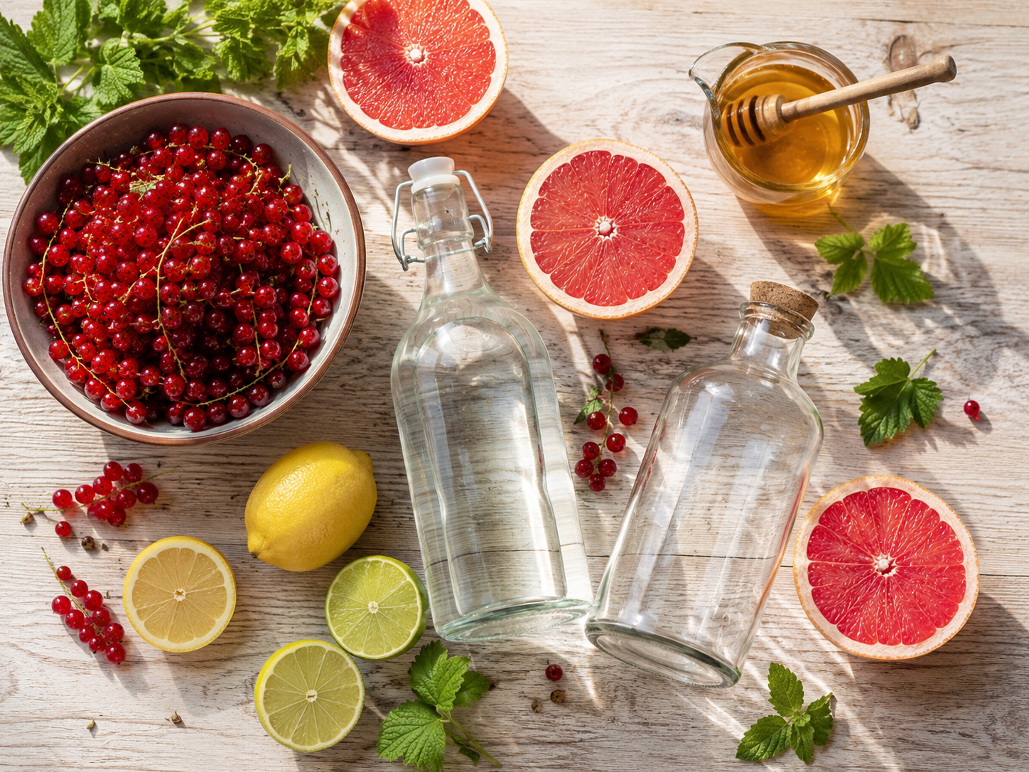 Suroviny na domáci Aperol z červených ríbezlí, citrusov a medu