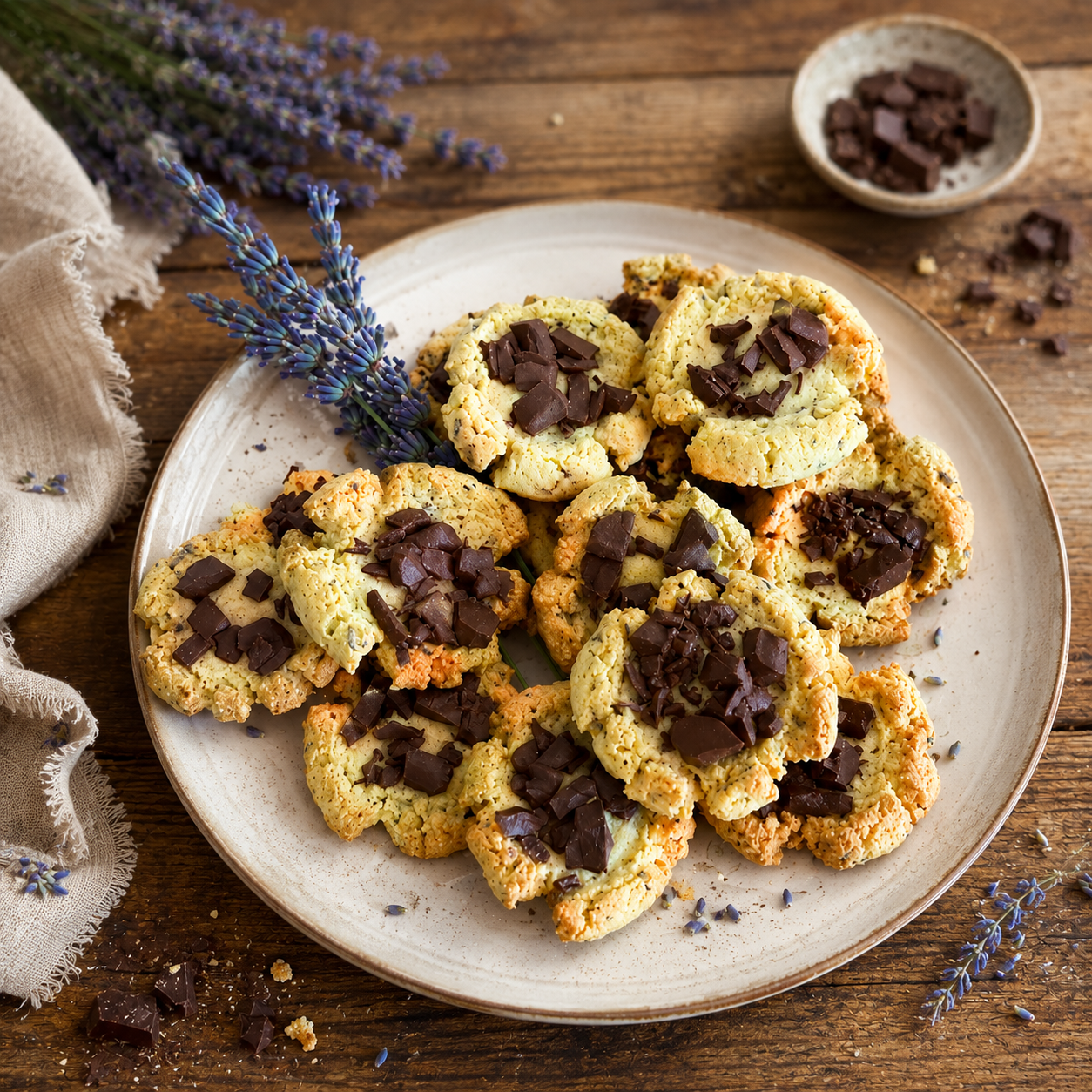 Levanduľové cookies s horkou čokoládou na tanieri