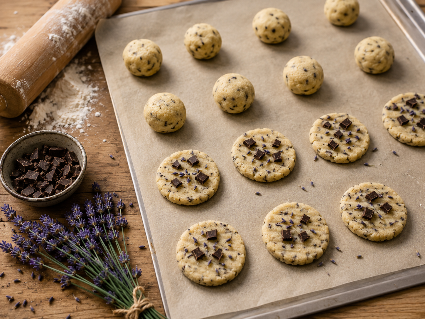 Tvarovanie levanduľových cookies pred pečením