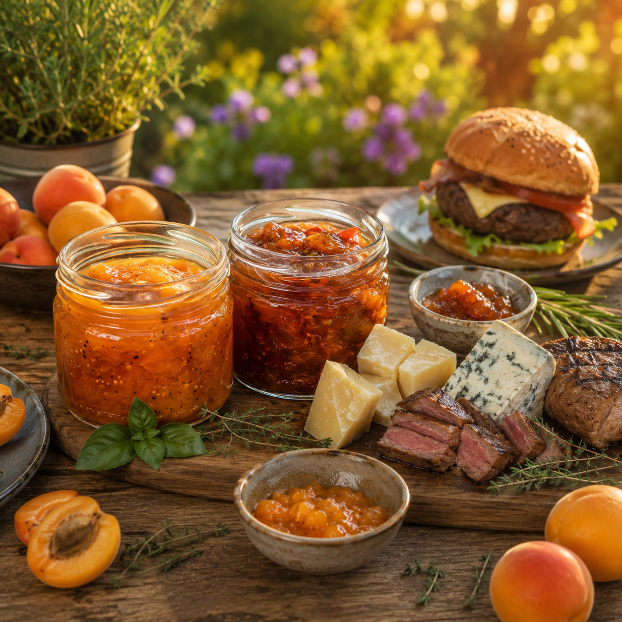 Marhuľová mostarda a marhuľové chutney servírované so syrmi a grilovaným mäsom