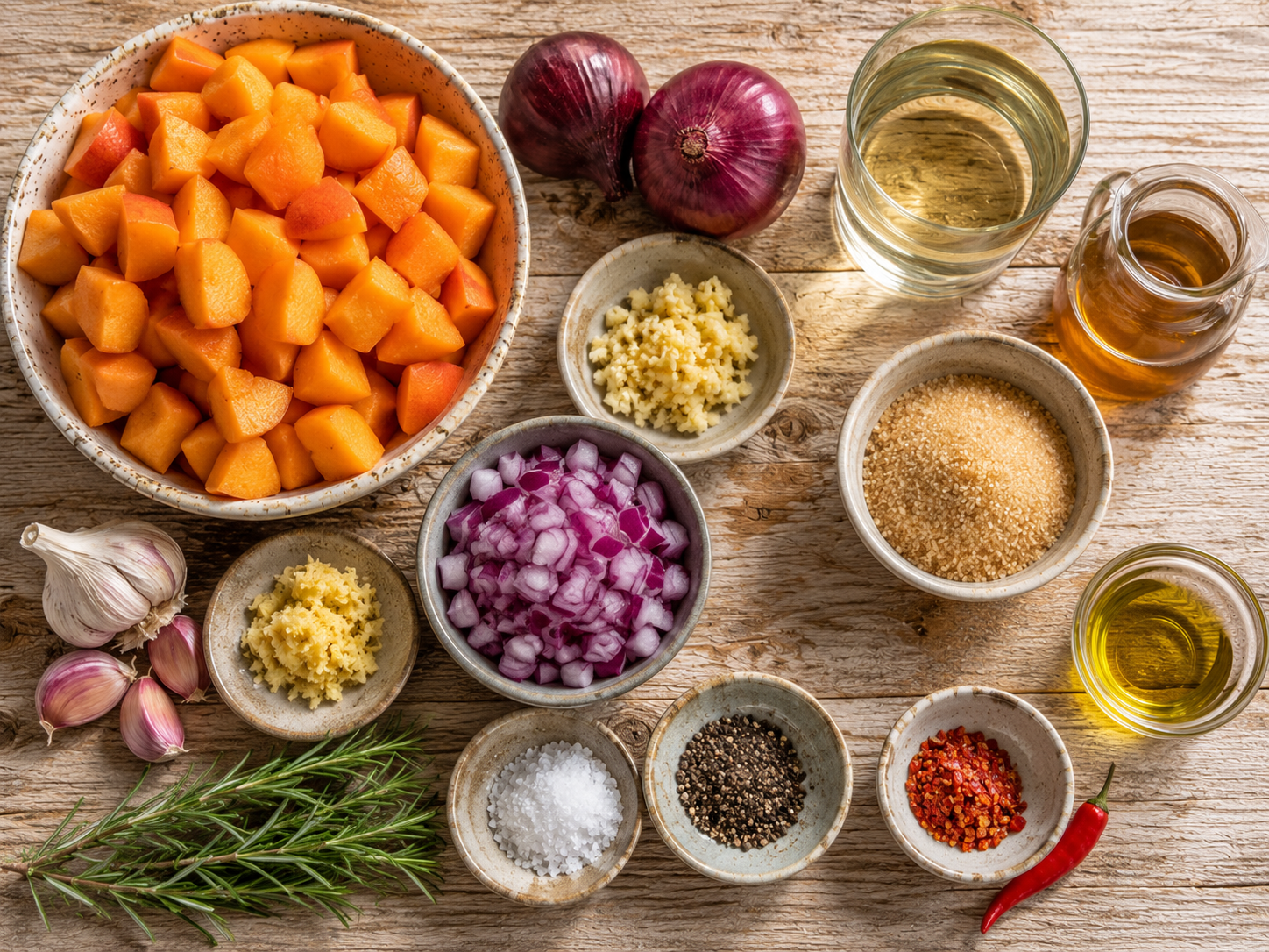 Suroviny na marhuľové chutney s vínom a rozmarínom