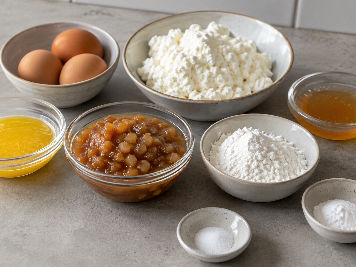 Suroviny na tvarohový koláč s podzimním hruškovým chutney