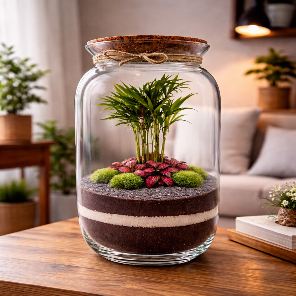 Rastlinné terárium TROPIC 33 cm v interiéri – uzavreté terárium do bytu s Chamaedorea elegans a Fittonia Red