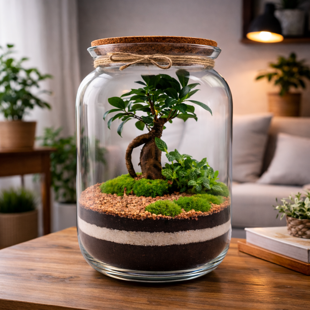 Rastlinné terárium ZEN 33 cm v interiéri – biosféra v skle s Ficus bonsai a Fittonia Green