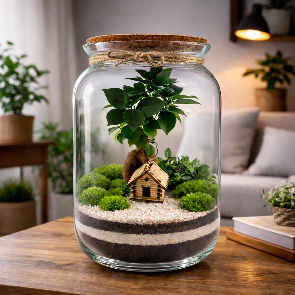 Rastlinné terárium HOME 33 cm v interiéri – biosféra v skle s Ficus bonsai, Fittonia Green a dreveným domčekom