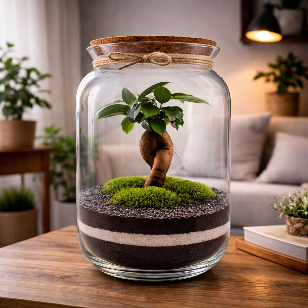 Rastlinné terárium PURE 33 cm v interiéri – biosféra v skle s Ficus bonsai