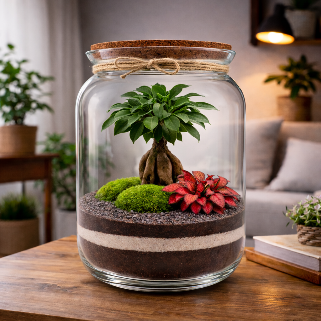 Rastlinné terárium PURE RED 33 cm v interiéri – biosféra v skle s Ficus bonsai a Fittonia Red