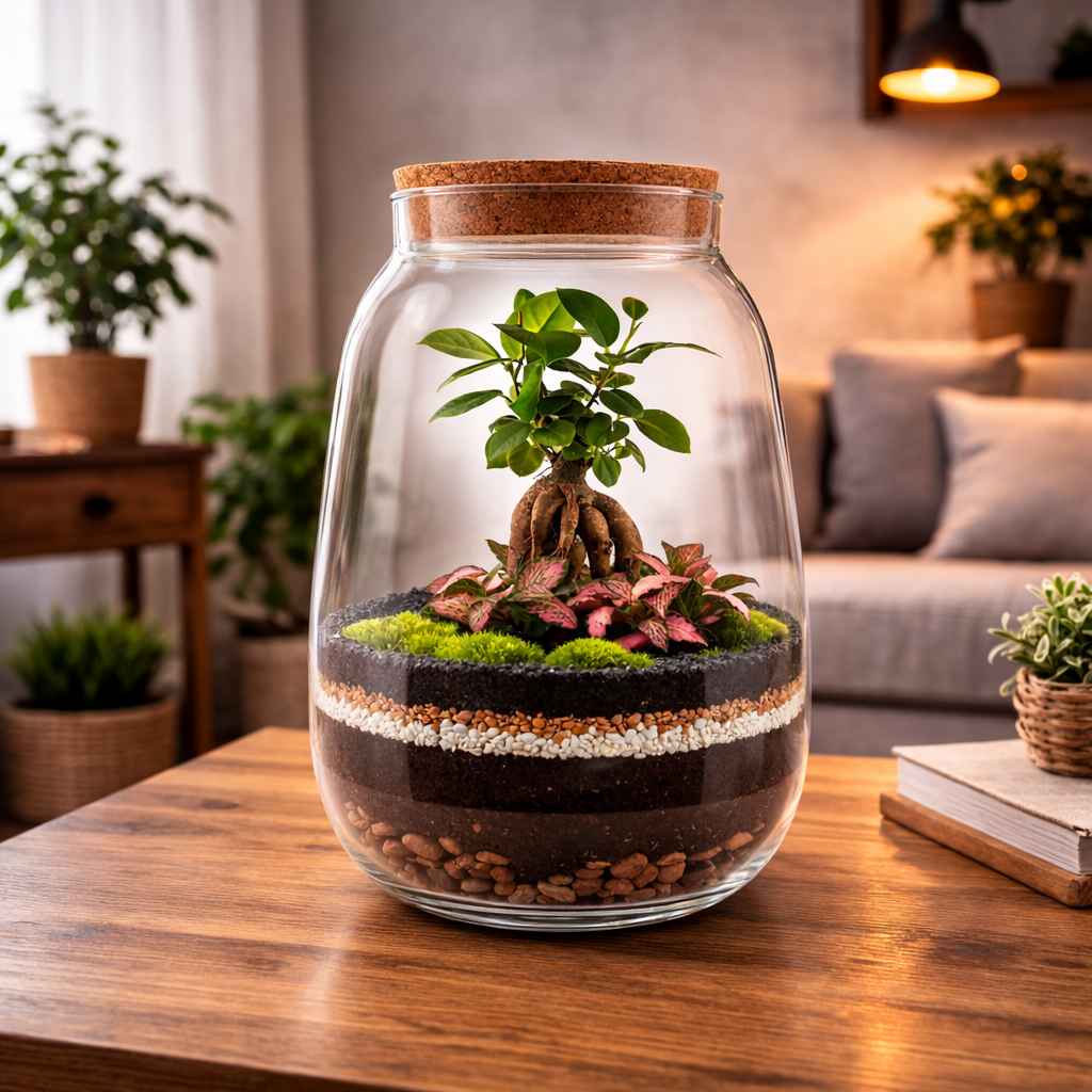 Rastlinné terárium PURE RED 35 cm v interiéri – biosféra v skle s Ficus bonsai a Fittonia Red