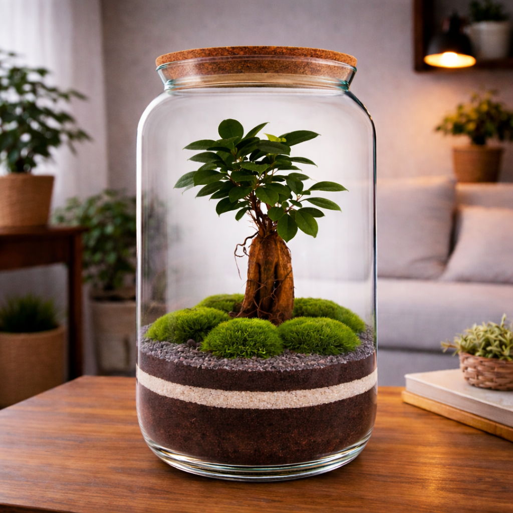 Rastlinné terárium PURE ROSÉ 42 cm v interiéri – biosféra v skle s Ficus bonsai a Fittonia Red-Green